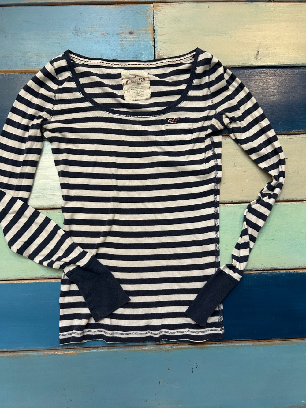 Vintage Y2K Hollister Striped Long Sleeve Shirt Women’s M Navy 100% Cotton